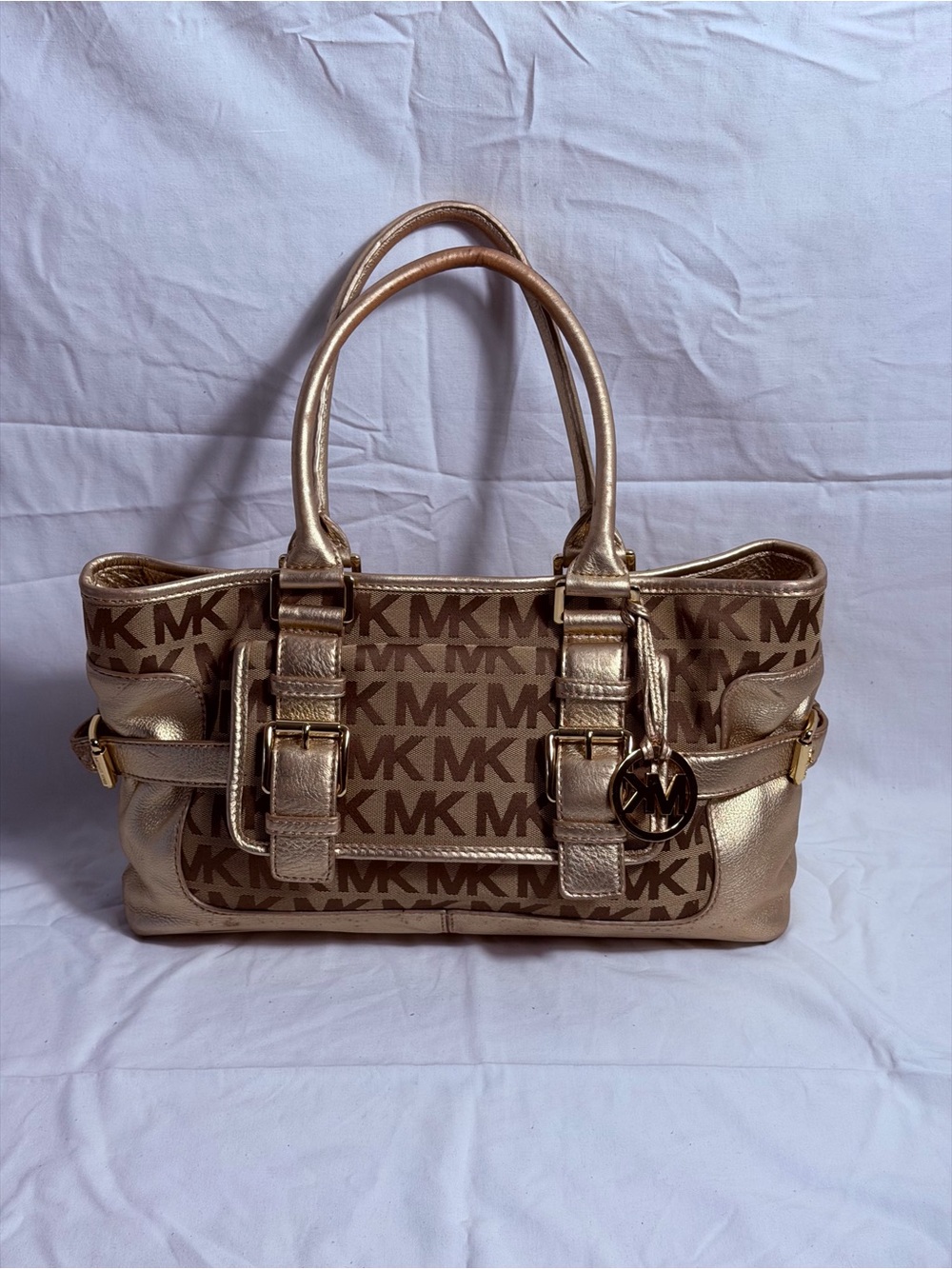 Michael Kors Gold Monogram Jacquard Canvas Satchel Handbag Metallic Leather Tote